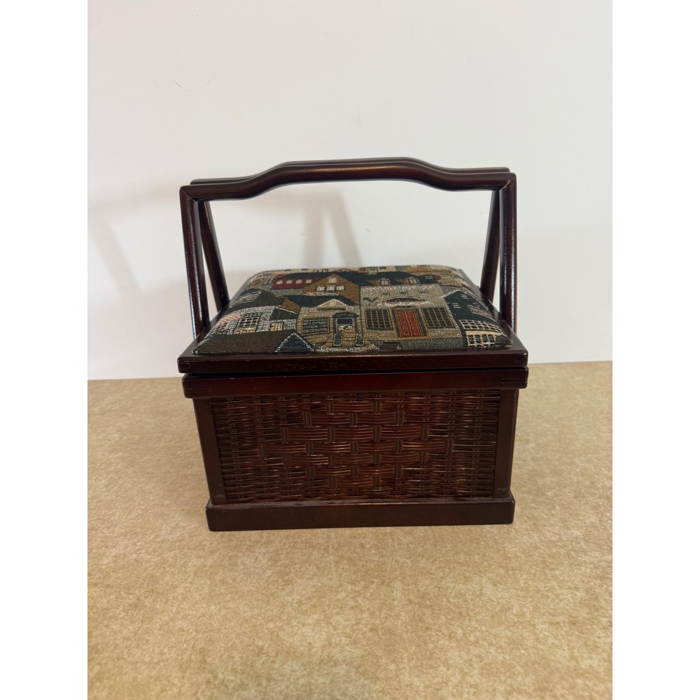 Vintage 1996 Woven Wicker Sewing Basket Village Tapestry Lid Wood Handle Tray